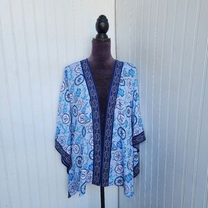 Quacker Factory Blue Nautical Open Front Kimono Sleeves Cover Up Cruise Beach XL